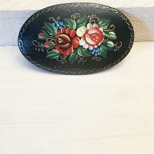 Vintage Oval Black Lacquered Floral Brooch Signed Russian